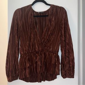 Zara Brown Shiny Top Peplum V Neck